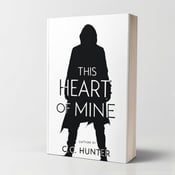 standing book mockup, Its title is "This Heart of Mine". Its author name is C. C. Hunter.  A dark silhouette of a figure standing against a white backdrop. The figure should appear mysterious and intriguing, with the shadow effects adding to the tension and suspense. Bold and impactful fonts, with the book title "This Heart of Mine" prominently displayed. The author name "C. C. Hunter" should be smaller and positioned below the title., The figure should be positioned towards the center of the cover, creating a focal point. The title and author name should be placed strategically to balance the composition.