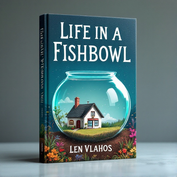 A large fishbowl centered on the cover, with a quaint house positioned inside the fishbowl. Subtle water ripples surround the fishbowl, creating a sense of movement and enclosure.