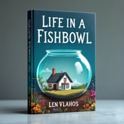 standing book mockup, Its title is "Life in a Fishbowl". Its author name is Len Vlahos.  A large fishbowl centered on the cover, with a quaint house positioned inside the fishbowl. Subtle water ripples surround the fishbowl, creating a sense of movement and enclosure. A bold, sans-serif font for the book title "Life in a Fishbowl" with a slightly distressed texture, showcasing the youthful and contemporary nature of the young adult fiction genre. The author's name, Len Vlahos, will be displayed in a more elegant and refined serif font., The fishbowl and house will take up the central area of the cover, with the title placed above and the author's name below. The water ripples will extend to the edges of the cover, creating a sense of depth.