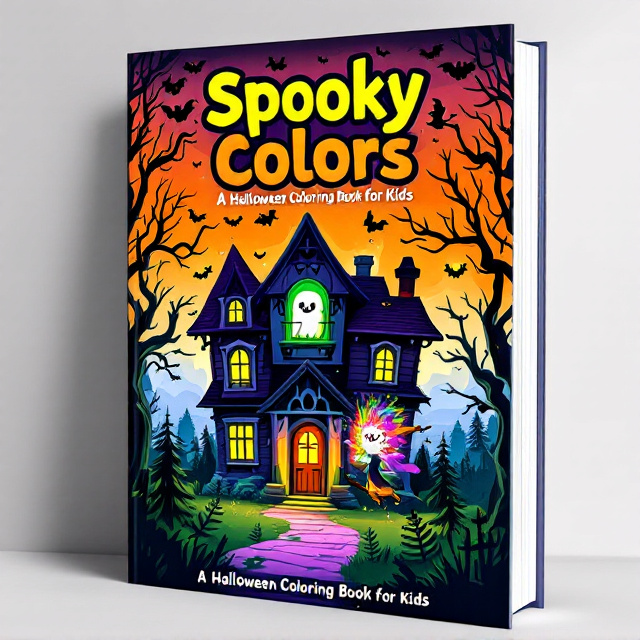 The cover features a haunted house with glowing windows outlined in spooky, Halloween colors. A friendly ghost floats among bats, adding a sense of excitement and curiosity. A witch on a broomstick casts a colorful spell over a forest, creating a vibrant atmosphere. The composition uses a mix of bright, vibrant colors like orange, purple, and green, along with darker shades like black and gray to achieve a spooky yet colorful feel.