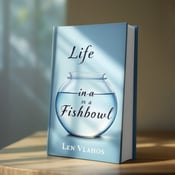 standing book mockup, Its title is "Life in a Fishbowl". Its author name is Len Vlahos.  The cover features a fishbowl as the central element, with a small window on one side allowing sunlight to stream in. The overall style is introspective and hopeful, with soft blue tones and gentle lighting. The book title "Life in a Fishbowl" is written in an elegant and slightly whimsical font, with the word "Life" placed inside the fishbowl and the rest of the title outside. The author name "Len Vlahos" is displayed in a clean and simple font below the fishbowl., The fishbowl is placed slightly off-center, with the window and sunlight on one side. The title is positioned above and below the fishbowl, with the author name below the title.