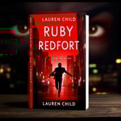 standing book mockup, Its title is "Ruby Redfort Look Into My Eyes". Its author name is Lauren Child.  The cover features a vibrant red cityscape at night, with tall buildings and bright lights. In the foreground, there is a bold silhouette of a person in action, jumping or running. The person is partially obscured, creating a sense of mystery and intrigue. In the background, a pair of intense eyes are observing, adding to the excitement and tension of the scene. The title "Ruby Redfort Look Into My Eyes" is displayed across the top in bold, sleek, and modern font. The author name "Lauren Child" is placed at the bottom in a slightly smaller, elegant font that complements the title., The title and author name are centered on the cover, with the cityscape and silhouette filling the rest of the space. The eyes are strategically positioned in the background to grab attention.