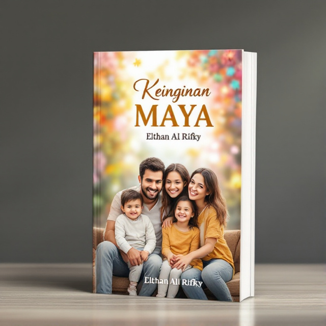 The cover features a warm and inviting image of a family sitting together with smiles on their faces. In the background, there is a soft blur of vibrant colors, symbolizing the joy and happiness of parenthood. The title "Keinginan Maya" is displayed prominently, with the author's name appearing below the title in a smaller font. The overall style of the cover is bright and cheerful, creating a positive emotional impact on the viewer.