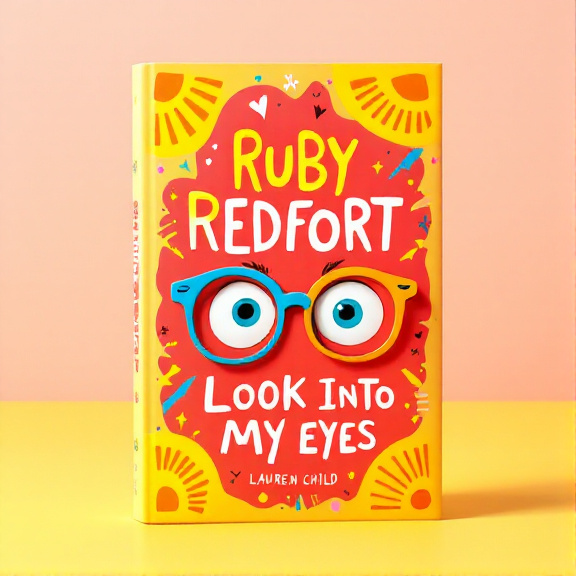 standing book mockup, Its title is "Ruby Redfort Look Into My Eyes". Its author name is Lauren Child.  The cover features a playful arrangement of quirky elements, with a pair of eyes wearing funny glasses at the center. The eyes have a mischievous look, emphasizing the humor aspect of the book. They are surrounded by whimsical patterns in bright yellow, adding to the playful and energetic vibe of the cover. The title text "Ruby Redfort Look Into My Eyes" is written in a fun, playful font. It is bold and stands out against the background, ensuring easy recognition., The eyes and title text are positioned at the center of the cover, with the whimsical patterns extending from the edges to create a dynamic frame. The placement of the elements ensures a balanced composition and allows the eyes to be the focal point.