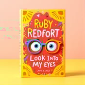 standing book mockup, Its title is "Ruby Redfort Look Into My Eyes". Its author name is Lauren Child.  The cover features a playful arrangement of quirky elements, with a pair of eyes wearing funny glasses at the center. The eyes have a mischievous look, emphasizing the humor aspect of the book. They are surrounded by whimsical patterns in bright yellow, adding to the playful and energetic vibe of the cover. The title text "Ruby Redfort Look Into My Eyes" is written in a fun, playful font. It is bold and stands out against the background, ensuring easy recognition., The eyes and title text are positioned at the center of the cover, with the whimsical patterns extending from the edges to create a dynamic frame. The placement of the elements ensures a balanced composition and allows the eyes to be the focal point.