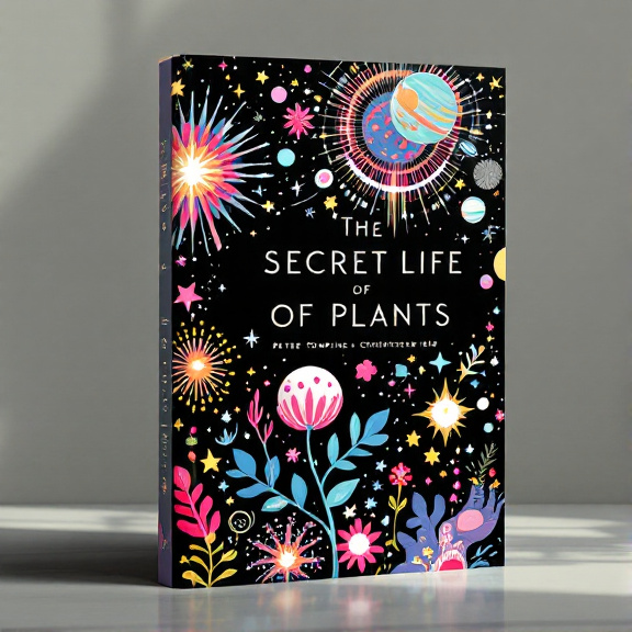 The cover depicts a cosmic garden scene with vibrant stars, planets, and abstract plant forms intertwining and creating a sense of wonder and curiosity. The colors used are primarily black, with pops of bright cosmic hues.