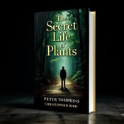 standing book mockup, Its title is "The Secret Life of Plants". Its author name is Peter Tompkins, Christopher Bird.  The cover features a dimly lit pathway leading into a dense forest. On the pathway, there is a silhouette of a mysterious figure partly obscured by foliage. Shadows cast by the trees add to the sense of intrigue and mystery. The title "The Secret Life of Plants" is displayed in an elegant, bold font at the top of the cover. The author names, Peter Tompkins and Christopher Bird, are placed at the bottom in a smaller, more subdued font., The title is centered at the top, with the author names centered at the bottom. The silhouette of the figure is positioned slightly off-center, creating visual interest and drawing the viewer's attention.