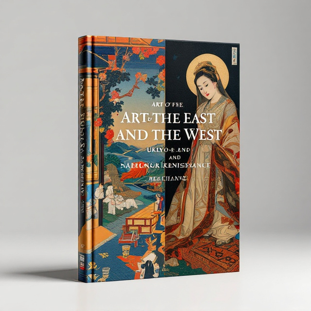 The cover features a juxtaposition of two iconic art styles, Ukiyo-e and Renaissance. On the left side, there is a vibrant Ukiyo-e print depicting a traditional Japanese scene with bold, colorful patterns. On the right side, there is a Renaissance painting with its characteristic attention to detail and realistic portrayal of human figures. The two art styles seamlessly blend together, creating a visual harmony that represents the book's exploration of the art of the East and the West.