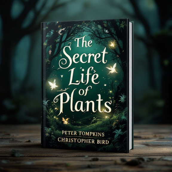 standing book mockup, Its title is "The Secret Life of Plants". Its author name is Peter Tompkins, Christopher Bird.  The cover features a dark, mysterious forest with dense trees and a misty atmosphere. Shimmering lights can be seen peeking through the trees, revealing the presence of magical creatures. The creatures, such as fairies and unicorns, are subtly visible, adding an element of enchantment to the scene. The book title "The Secret Life of Plants" is displayed in an elegant and whimsical font, with each word placed on a separate line. The author names, Peter Tompkins and Christopher Bird, are placed below the title in a smaller, more subdued font., The title and author names are centered on the cover, with the visual elements surrounding them. The title is slightly larger and more prominent to draw attention.