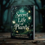 standing book mockup, Its title is "The Secret Life of Plants". Its author name is Peter Tompkins, Christopher Bird.  The cover features a dark, mysterious forest with dense trees and a misty atmosphere. Shimmering lights can be seen peeking through the trees, revealing the presence of magical creatures. The creatures, such as fairies and unicorns, are subtly visible, adding an element of enchantment to the scene. The book title "The Secret Life of Plants" is displayed in an elegant and whimsical font, with each word placed on a separate line. The author names, Peter Tompkins and Christopher Bird, are placed below the title in a smaller, more subdued font., The title and author names are centered on the cover, with the visual elements surrounding them. The title is slightly larger and more prominent to draw attention.