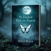 standing book mockup, Its title is "The Darkest Part of the Forest". Its author name is Holly Black.  A misty landscape with a full moon shining overhead. In the foreground, a butterfly with silver wings hovers in mid-air, bathed in the moonlight. The mist creates an ethereal and dreamlike atmosphere. The book title, "The Darkest Part of the Forest," is written in an elegant and slightly whimsical font, in silver color to match the theme. The author's name, Holly Black, is written in a simpler, yet still elegant font, in a smaller size below the title., The book title is centered at the top of the cover, with the author's name centered below it. The landscape with the moon and butterfly covers the rest of the cover, creating a visually balanced composition.