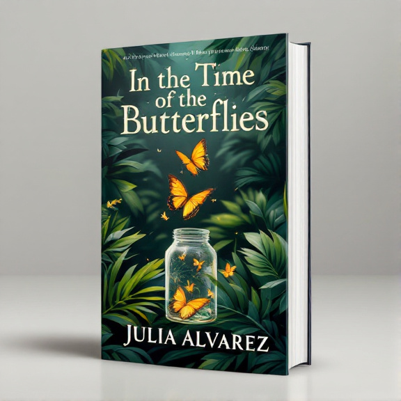 A single butterfly breaking free from an open jar amidst dense tropical foliage. The butterfly is vibrant and in full flight, symbolizing courage and freedom. The jar is slightly ajar, representing the women's fight for liberation. The tropical foliage creates a lush and nostalgic atmosphere.