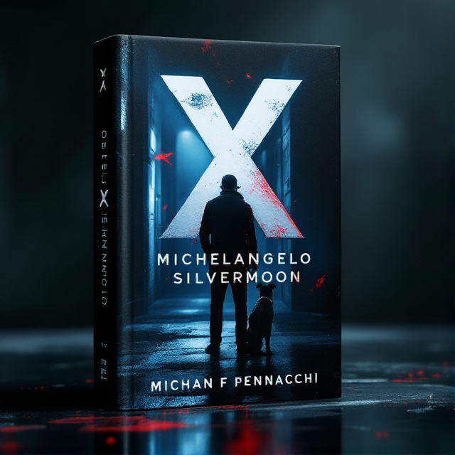 The cover features a close-up shot of Detective Michelangelo Silvermoon, with his dog by his side, standing inside a dimly lit crime scene. The overall atmosphere is dark and mysterious, with subtle hints of red accentuating the suspenseful mood.