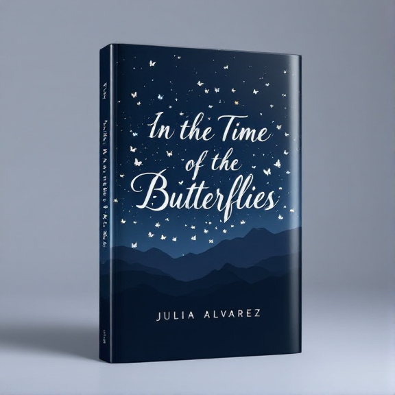 A night scene with a dark blue background and a silhouette of mountains in the distance. In the foreground, a swarm of butterflies is depicted, flying upwards towards a cluster of stars in the sky.