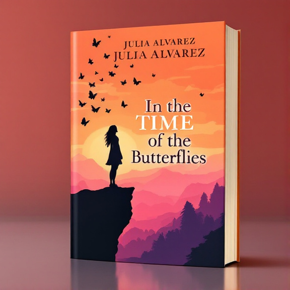 A silhouette of a woman standing at the edge of a cliff, with butterflies soaring around her. The scene is set against a vibrant sunset with shades of orange and pink.