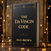 standing book mockup, Its title is "The Da Vinci Code (Republish)". Its author name is Dan Brown.  A dark, textured background with glowing ancient symbols scattered around. The title in bright, bold typography at the center, and an ancient manuscript partially visible in the background. A bold serif font for the title, with a slightly distressed texture, to add a sense of mystery and intrigue. The author name in a clean, sans-serif font, placed below the title., The title is placed at the center of the cover, taking up most of the space. The author name is positioned below the title, aligned to the left. The ancient manuscript is partially visible in the background, adding depth and interest.