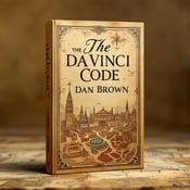 standing book mockup, Its title is "The Da Vinci Code (Republish)". Its author name is Dan Brown.  A sepia-toned background featuring faint outlines of historical landmarks. The title in an elegant script font at the top, with an antique map subtly integrated into the lower half of the cover. The title "The Da Vinci Code" is in an elegant script font, while the author's name "Dan Brown" is in a bold, traditional serif font., The title is placed at the top of the cover, centered and in a larger size, with the author's name smaller and centered below it. The antique map is integrated into the lower half of the cover, fading into the sepia-toned background.