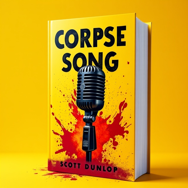 The cover features a black vintage microphone in the center, with blood spatters in red and black surrounding it. The microphone stands out against a solid bright yellow background, creating a dramatic and intense visual.