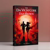 standing book mockup, Its title is "The Da Vinci Code (Republish)". Its author name is Dan Brown.  A vibrant red background with a gradient fading into darkness, representing the mysterious and dangerous elements of the book. In the center, two silhouetted figures are running, conveying the thrilling and romantic aspects of the story. Surrounding the figures, flowing red fabric symbolizes passion and intrigue. The cityscape in the background adds an urban atmosphere and connects to the book's setting. A stylish and modern font is used for the book title at the top, with the words "The Da Vinci Code" standing out in bold letters. The author's name, Dan Brown, is displayed below the title in a more subtle font., The title and author's name are placed at the top of the cover, allowing the visual elements to take center stage. The silhouettes and fabric are positioned in the middle, with the cityscape fading into the background.