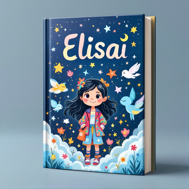 The cover features a whimsical illustration of a young girl named Elisa, surrounded by magical creatures and fantastical elements. She is dressed in a vibrant and colorful outfit, with a happy and kind expression on her face. The background is filled with dreamy clouds and sparkling stars, creating a sense of wonder and enchantment.