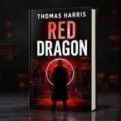 standing book mockup, Its title is "Red Dragon". Its author name is Thomas Harris.  A dark red-lit urban skyline fills the background of the cover, with a silhouette of a detective standing in the foreground. A magnifying glass overlay reveals hidden details and patterns within the cityscape, creating an aura of mystery and intrigue. The book title "Red Dragon" is displayed in bold, uppercase letters, with a gritty, distressed font that adds to the suspenseful atmosphere. The author's name, Thomas Harris, is presented in a more elegant and refined font, reflecting his established reputation in the genre., The detective's silhouette is positioned off-center, creating visual interest and drawing the viewer's eye. The magnifying glass overlay is strategically placed to reveal intriguing elements of the city below. The title and author's name are placed at the top and bottom of the cover respectively, ensuring readability and prominence.