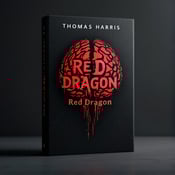 standing book mockup, Its title is "Red Dragon". Its author name is Thomas Harris.  The cover features an abstract representation of a brain, which is split by dark shadows. Flickering light illuminates hidden crevices, creating an atmosphere of tension and fear. The overall style is dark and mysterious, capturing the psychological thriller genre. The title "Red Dragon" is displayed in bold, crimson letters, with a slightly distorted and jagged effect, adding to the sense of unease. The author's name, Thomas Harris, is written in a simple and clean font, contrasting the chaotic nature of the visual composition., The brain is positioned centrally on the cover, with the dark shadows and flickering light creating a dynamic composition. The title is placed above the brain, spanning the width of the cover, while the author's name is centered below the brain.