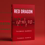 standing book mockup, Its title is "Red Dragon". Its author name is Thomas Harris.  The cover features a bold scarlet background with a pulsing heartbeat line cutting across the center of the cover. Along the line, digital numbers are displayed, creating a countdown effect. The numbers gradually increase in size, adding to the sense of urgency and suspense. The title "Red Dragon" is displayed in a sleek, modern font in white, positioned above the heartbeat line. The author's name, Thomas Harris, is placed below the line in a smaller, italicized font also in white., The title and author's name are centered on the cover, with the heartbeat line and digital numbers intersecting them diagonally.