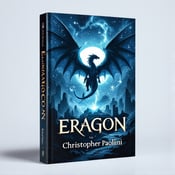 standing book mockup, Its title is "Eragon". Its author name is Christopher Paolini.  The cover showcases a majestic dragon soaring over a mystical landscape. The dragon is depicted in vivid detail, with its wings spread wide and scales shimmering in the moonlight. Around the dragon, ancient ruins are seen, covered in magical symbols that glow with an otherworldly light. The overall color palette is dominated by midnight blue, creating a sense of mystery and enchantment. The book title, "Eragon," is written in bold, elegant font, with each letter slightly elongated to give a sense of movement. The author's name, Christopher Paolini, is placed below in a simpler, more refined font, allowing the title to take center stage., The dragon takes up the majority of the cover, with the ruins and symbols framing the scene. The title is positioned at the top, spanning the width of the dragon's wings, while the author's name is placed at the bottom, centered beneath the dragon's body.