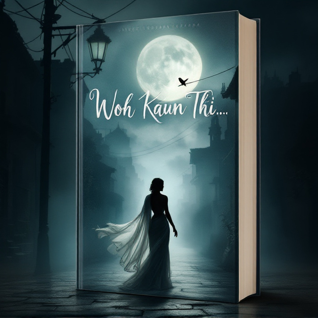 The cover features a silhouette of a woman standing under a dim streetlight, casting a long shadow. She is dressed in a flowing white saree, hinting at elegance and mystery. The background consists of a mist-covered narrow street that disappears into the horizon, with ancient buildings or a heritage bungalow faintly visible. A full moon is partially obscured by clouds, casting an eerie glow. A single bird is perched on a telephone wire, adding a touch of foreboding.