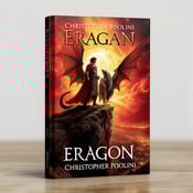 standing book mockup, Its title is "Eragon". Its author name is Christopher Paolini.  A heroic figure, wearing armor and holding a sword, stands tall and proud on the edge of a cliff. Behind him, a massive dragon, with wings spread wide, curls protectively. Below them, a battlefield stretches out, filled with warriors engaged in a fierce battle. The sky is ablaze with crimson red hues, reflecting the intensity of the scene. The book title "Eragon" is bold and powerful, with an epic fantasy font style. The author's name, Christopher Paolini, is displayed in a elegant serif font, adding a touch of sophistication., The primary visual elements, the heroic figure, dragon, and battlefield, are placed in a diagonal composition, leading the viewer's eye from top left to bottom right. The title and author's name are positioned at the top and bottom of the cover respectively, allowing them to stand out without distracting from the main scene.