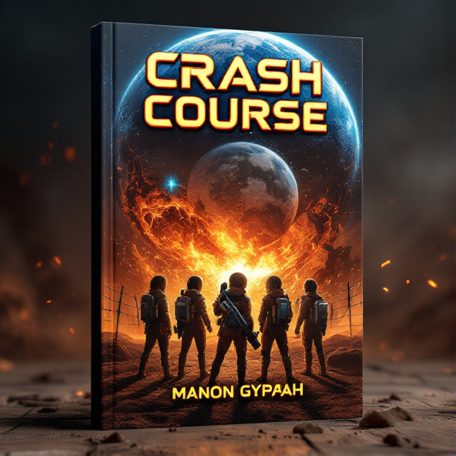 The cover features a dramatic image of the Earth crashing into a giant rocky dwarf planet with a dark brown reddish hue. Six kids, four girls and two boys, are shown wearing cool stylish space suits, standing in front of the collision. They are holding a giant ray gun and there are barb wires surrounding them, representing the urgency and danger of their mission.