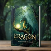 standing book mockup, Its title is "Eragon". Its author name is Christopher Paolini.  A majestic dragon with emerald green scales perched on a tree branch in a lush enchanted forest. A glowing orb hovers near the dragon's claws, emanating a soft magical light. The book title "Eragon" is written in an elegant and mystical font, with a subtle glow. The author's name, Christopher Paolini, is displayed in a slightly smaller, more understated font beneath the title., The dragon is positioned in the center of the cover, with the tree branch extending diagonally across the cover. The title is placed at the top, centered above the dragon, and the author's name is aligned at the bottom right corner.