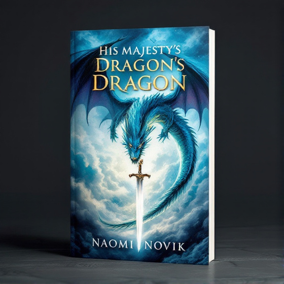 A majestic dragon with vibrant blue scales soaring through a cloudy sky. Below the dragon is a gleaming sword, representing the epic battles within the book.