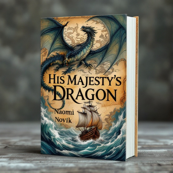 standing book mockup, Its title is "His Majesty's Dragon". Its author name is Naomi Novik.  A majestic dragon perched atop an antique map, with a ship sailing through stormy seas below. Bold and elegant serif font for the book title, with a vintage and weathered appearance. Author name displayed in a clean and modern sans-serif font., The dragon positioned in the center of the cover, dominating the scene. The ship placed at the bottom, sailing towards the dragon. The book title is centered at the top, with the author name aligned to the right.