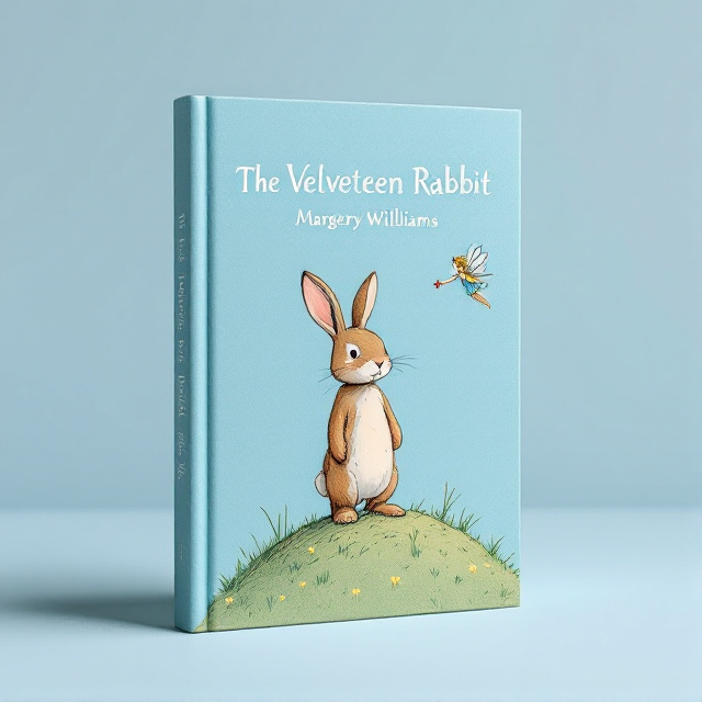 The cover features a brown velveteen rabbit standing on a small hill. Floating next to it is a very small fairy lady waving her wand. The image is set against a blue background, representing the childhood and playful nature of the book.