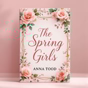 standing book mockup, Its title is "The Spring Girls". Its author name is Anna Todd.  The book cover features a centered title in elegant cursive font, surrounded by a border of soft pink roses and delicate vines. Vintage frames are strategically placed around the title, adding a touch of nostalgia. The background is a subtle blush pink color, creating a romantic and feminine atmosphere. The title is written in a flowing, script font that exudes elegance and romance. The author's name is displayed in a clean and simple serif font, contrasting with the intricate title typography., The title is the main focal point, placed in the center of the cover. The vintage frames and floral elements serve as a border around the title, enhancing its prominence.