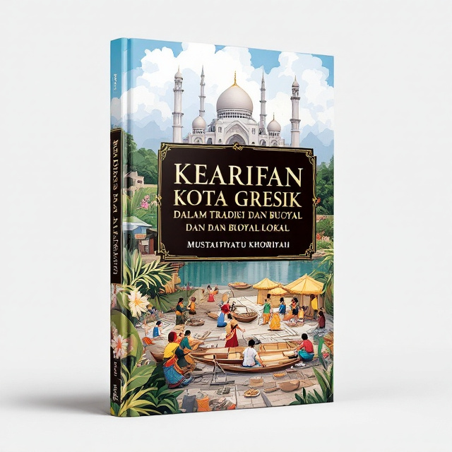 The cover features a vibrant illustration of traditional dancers performing a local dance, capturing the energy and liveliness of the cultural traditions in Gresik. The Masjid Sunan Giri is prominently displayed in the background, representing the strong religious heritage of the city. In the foreground, there is an image of craftsmen building a traditional boat, highlighting the local craftsmanship and cultural activities.