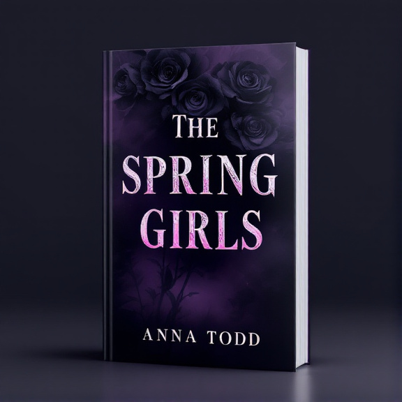 A dark and mysterious background with a gradient of deep purple, fading into black. On the top half of the cover, there is a partially obscured image of black roses, surrounded by a thin layer of fog. The title "The Spring Girls" is placed in the center of the cover, with dramatic typography and shadows partially obscuring the letters. The author's name, Anna Todd, is placed at the bottom of the cover in smaller, elegant typography.