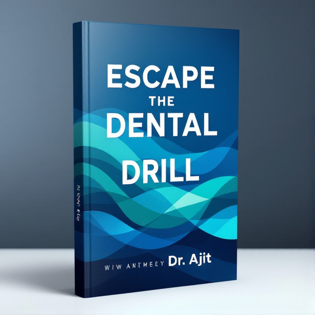 The cover features an abstract design of overlapping blue and green waves, symbolizing the escape from the dental drill. The waves create a sense of movement and dynamism. The title text, "Escape the Dental Drill," is large and prominent, placed at the center of the cover.