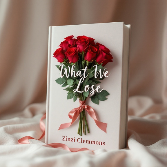 standing book mockup, Its title is "What We Lose". Its author name is Zinzi Clemmons.  A bouquet of red roses tied with a silk ribbon placed on a soft, blurred background. A subtle heart shape formed by the leaves and stems. A cursive font for the book title "What We Lose" with a delicate and elegant style. The author name "Zinzi Clemmons" is written in a simpler, sans-serif font., The bouquet of roses is placed in the center of the cover, slightly tilted to the left. The book title is positioned above the bouquet, with the author name placed below it.