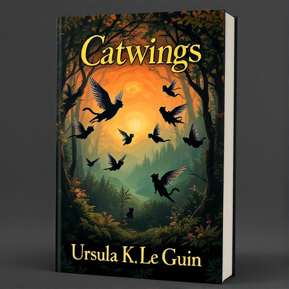 A group of winged cats flying above a mystical forest with a vibrant sunset background.