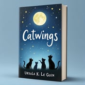 standing book mockup, Its title is "Catwings". Its author name is Ursula K. Le Guin.  The cover features a whimsical scene with four cats playing under a starlit sky. The moon is prominently displayed at the top with stars scattered around it. The cats are shown in various playful positions, creating a sense of movement and energy. The title "Catwings" is written in a playful, handwritten font, with each letter slightly tilted and adorned with stars. The author's name, Ursula K. Le Guin, is written in a more elegant and sophisticated font, positioned below the title., The title and author's name are placed towards the bottom of the cover, allowing the visual elements to take center stage. The moon and stars are positioned at the top, framing the cats and drawing attention to them.