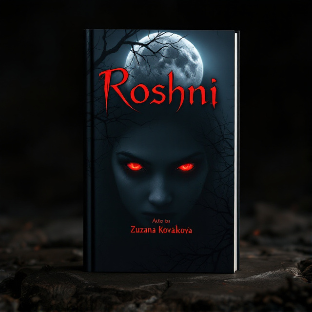 The cover features a striking image of Roshni, the protagonist, with glowing red eyes against a dark background. A full moon hangs in the sky, casting an eerie glow on the scene. The title "Roshni" is written in bold, blood-red font at the top, while the author's name is displayed in a more elegant black font at the bottom.