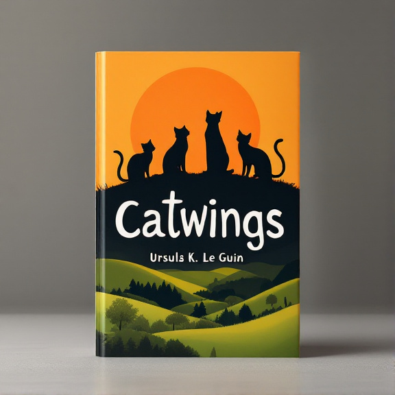 The cover features four cats standing on a hilltop, silhouetted against a vibrant orange sunrise backdrop. The cats are positioned to create a sense of exploration and movement, with one cat in the foreground looking out into the distance. The countryside landscape below the hill is depicted with rolling green hills and a few trees.