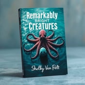 standing book mockup, Its title is "Remarkably Bright Creatures". Its author name is Shelby Van Pelt.  An octopus extends its arms across a ripple-filled water surface, casting a shadow over a mysterious object. The octopus is positioned in the center of the cover, with its arms reaching out in various directions. The water surface is depicted with shades of teal, creating a sense of depth and movement. The shadow of the octopus covers a portion of the water, adding an element of mystery and intrigue. The mysterious object is partially visible, hinting at the unknown and enticing the reader's curiosity. The book title, "Remarkably Bright Creatures," is displayed in bold, uppercase letters at the top of the cover. The font chosen is modern and sleek, with a slight slant to convey a sense of dynamism. The author's name, "Shelby Van Pelt," is presented in a more elegant and flowing script font, positioned at the bottom-right corner of the cover., The visual elements are placed strategically to create a balanced composition. The octopus takes the central focus, while the book title and author's name are positioned at opposite ends of the cover, maintaining a sense of symmetry.