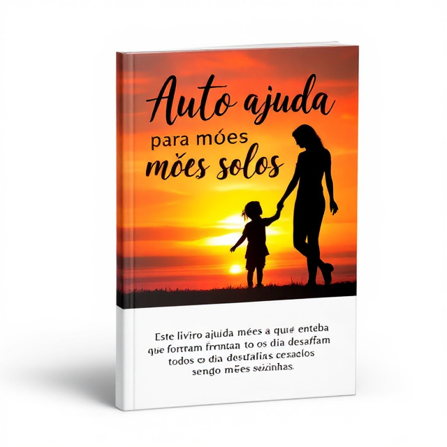 The cover features a silhouette of a mother holding a child's hand against a backdrop of a vibrant sunset. The title is written in bold, handwritten script, with the words "Auto Ajuda para Mães Solos" in a larger size and centered at the top, and the subtitle "Este livro ajuda mães que enfrentam todos os dia desafios sendo mães sozinhas" in a smaller size and centered below the title.