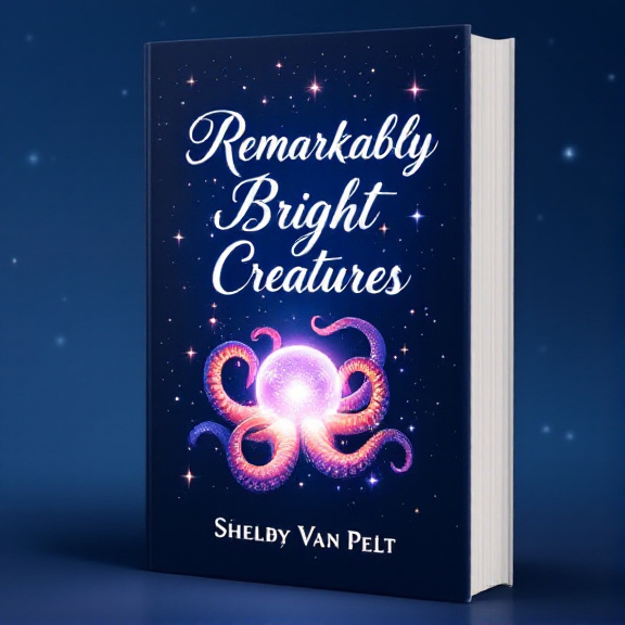 A deep midnight blue background with a subtle gradient effect. In the center, an octopus tentacle wraps around a glowing orb, emanating a soft, enchanting light. Sparkling stars fill the background, creating a sense of magic and adventure.