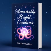 standing book mockup, Its title is "Remarkably Bright Creatures". Its author name is Shelby Van Pelt.  A deep midnight blue background with a subtle gradient effect. In the center, an octopus tentacle wraps around a glowing orb, emanating a soft, enchanting light. Sparkling stars fill the background, creating a sense of magic and adventure. The book title, "Remarkably Bright Creatures," is written in an elegant, slightly whimsical font, with the word "Bright" having a subtle glow effect. The author name, Shelby Van Pelt, is displayed beneath the title in a simple, yet elegant serif font., The book title is positioned in the upper half, centered horizontally, while the author name is aligned to the bottom-right corner. The visual elements are strategically placed to draw the viewer's attention to the glowing orb and tentacle.