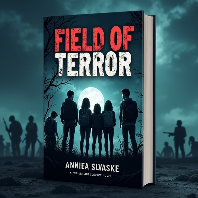 A group of frightened high school students standing at the edge of a dark cityscape, their faces filled with fear and uncertainty. The background features faint silhouettes of soldiers and zombies lurking in the shadows.