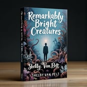 standing book mockup, Its title is "Remarkably Bright Creatures". Its author name is Shelby Van Pelt.  A human figure stands in the center of the cover, surrounded by coral and an octopus. The coral and octopus create a sense of depth and movement, while the human figure symbolizes the connection between humans and nature. The title "Remarkably Bright Creatures" is displayed in bold, uppercase letters, with a handwritten font that adds a touch of elegance. The author's name, Shelby Van Pelt, is written in a smaller, more minimalist font beneath the title., The human figure is positioned slightly off-center, with the octopus wrapping its tentacles around the figure's lower body. The coral forms a background that fills the entire cover, with the title and author's name placed in the upper portion of the cover.